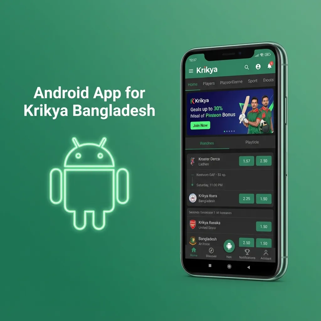 Smartphone screen showing Krikya Bangladesh Android app with betting, casino games, and install steps highlighted
