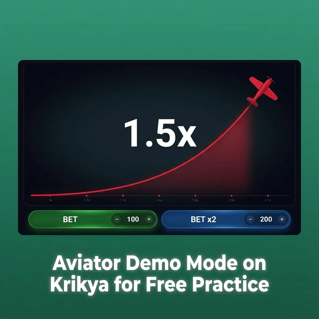 Screenshot of Aviator crash game in demo mode on Krikya, showing virtual bets, plane animation, and rising multipliers