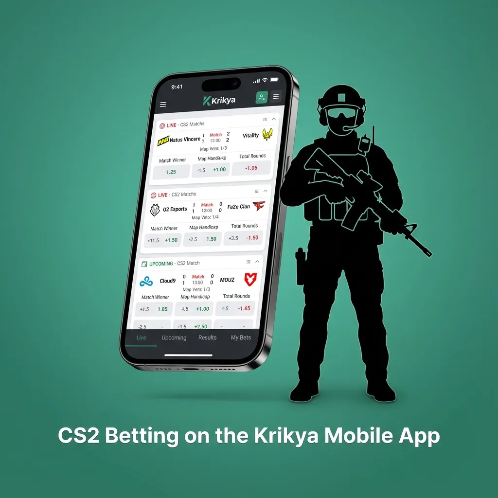 Person holding a phone showing the Krikya app CS2 betting screen, with odds and match listings visible