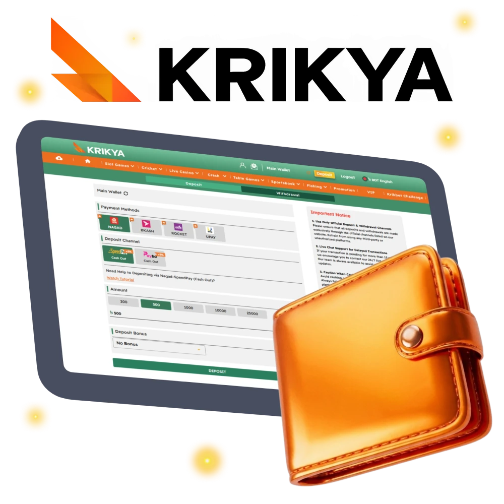 Krikya deposit options ensure quick and secure account funding.