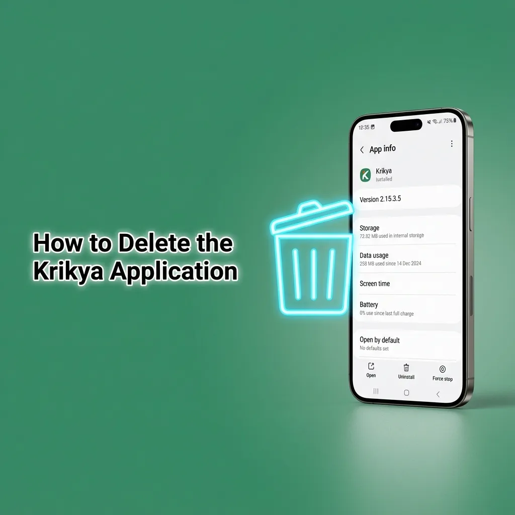 Illustration of a user deleting the Krikya app from Android and iOS home screens via long-press and uninstall options