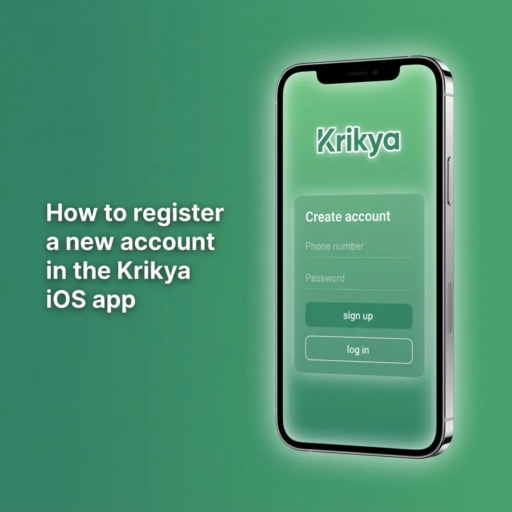 iPhone screen showing Krikya app registration form with fields for country, currency, contact, name, and password