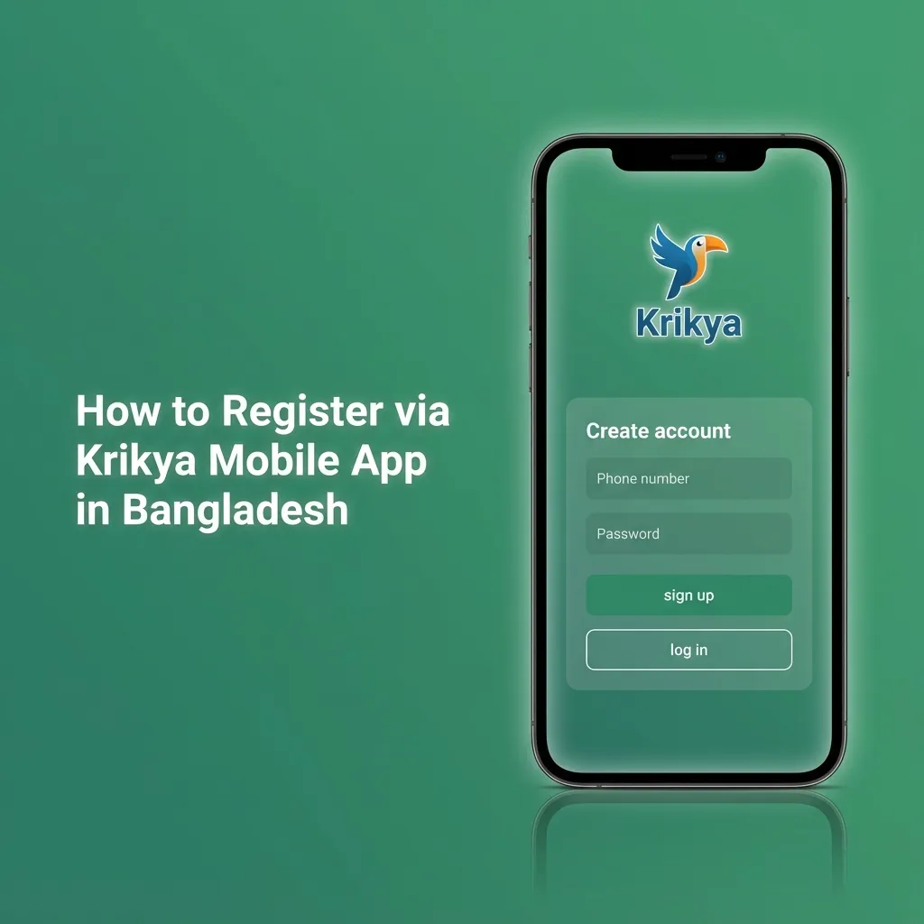 Smartphone showing Krikya app registration steps for Bangladeshi users, with options by phone, email, social, or one-click