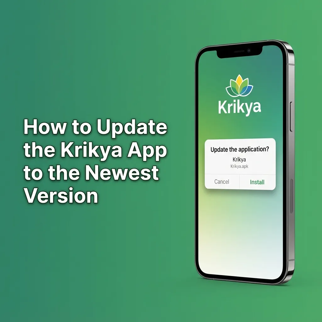 Phone screens showing Krikya app update steps for Android APK and iOS PWA, emphasizing secure, fast betting
