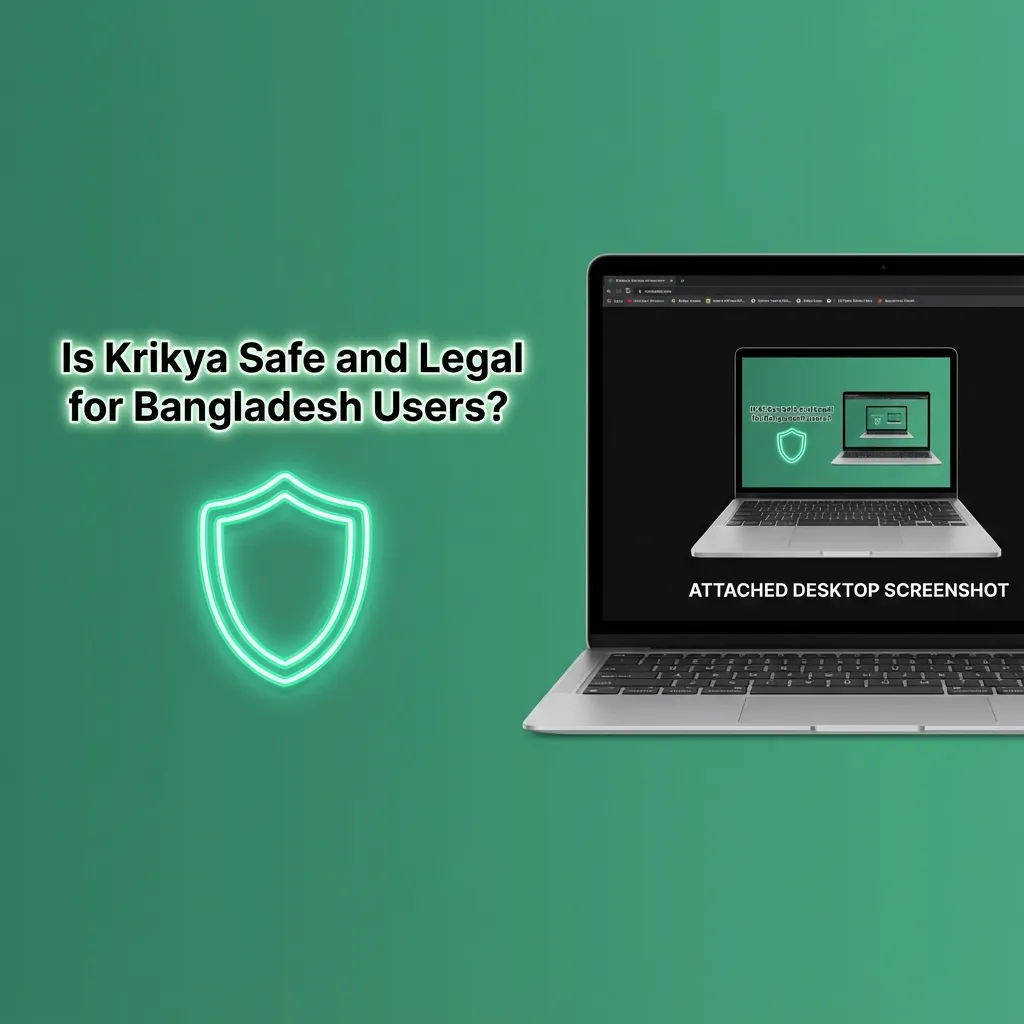 Illustration of a Bangladeshi user safely accessing Krikya online, with legal license badge and secure encryption icons