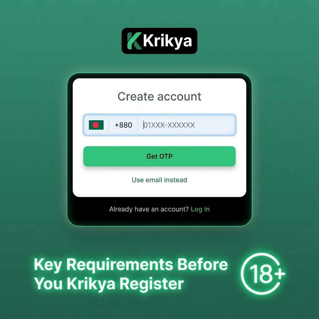 Checklist graphic showing Krikya registration rules: 18+ age, one account, real data, KYC docs, and Bangladeshi law compliance