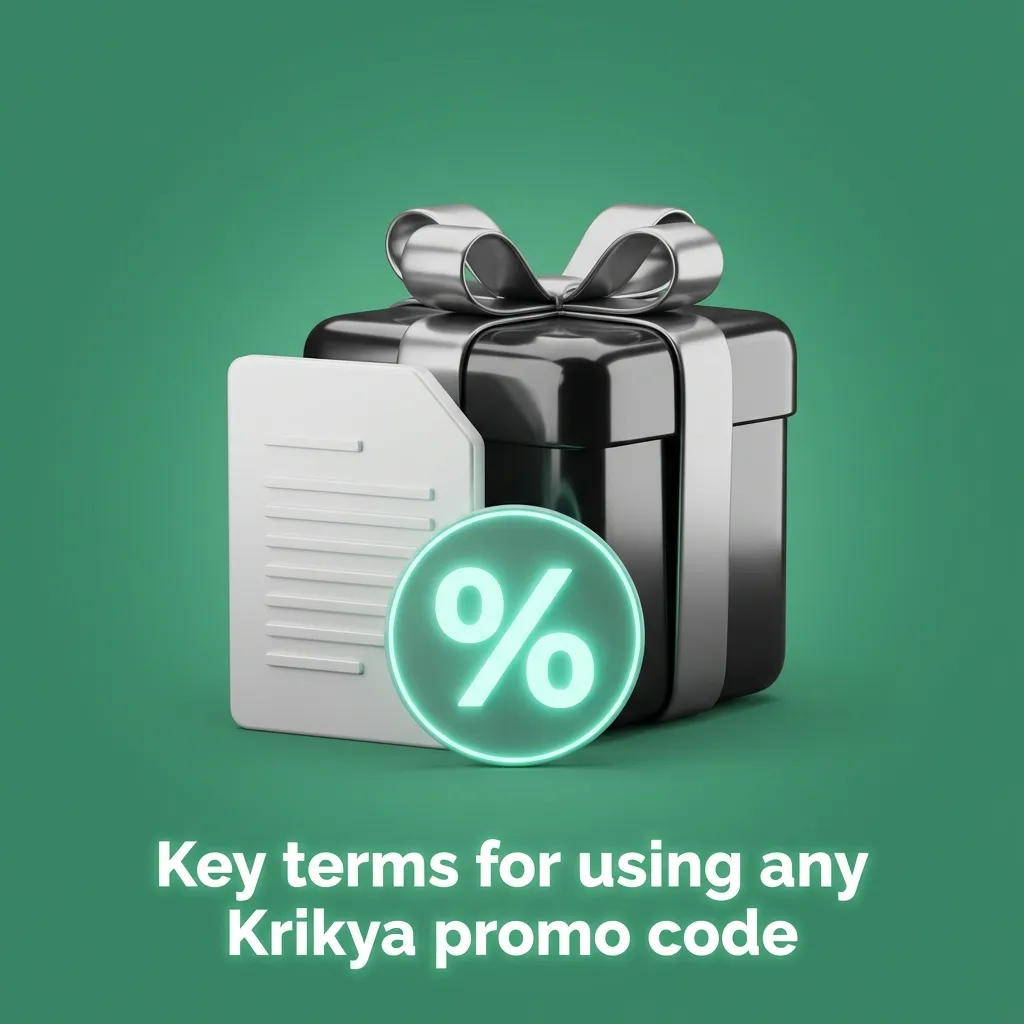 Infographic titled “Key terms for using any Krikya promo code” listing main bonus rules and wagering conditions