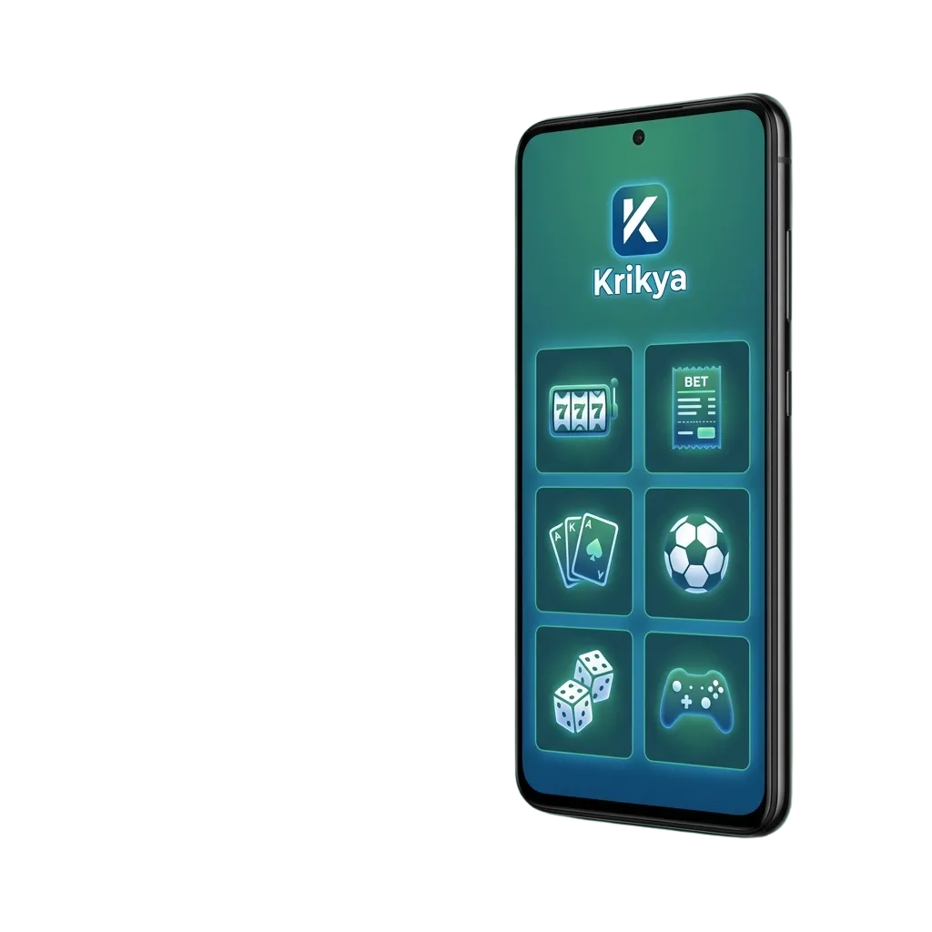 Krikya Android app interface showing sports betting and casino game options on a smartphone screen