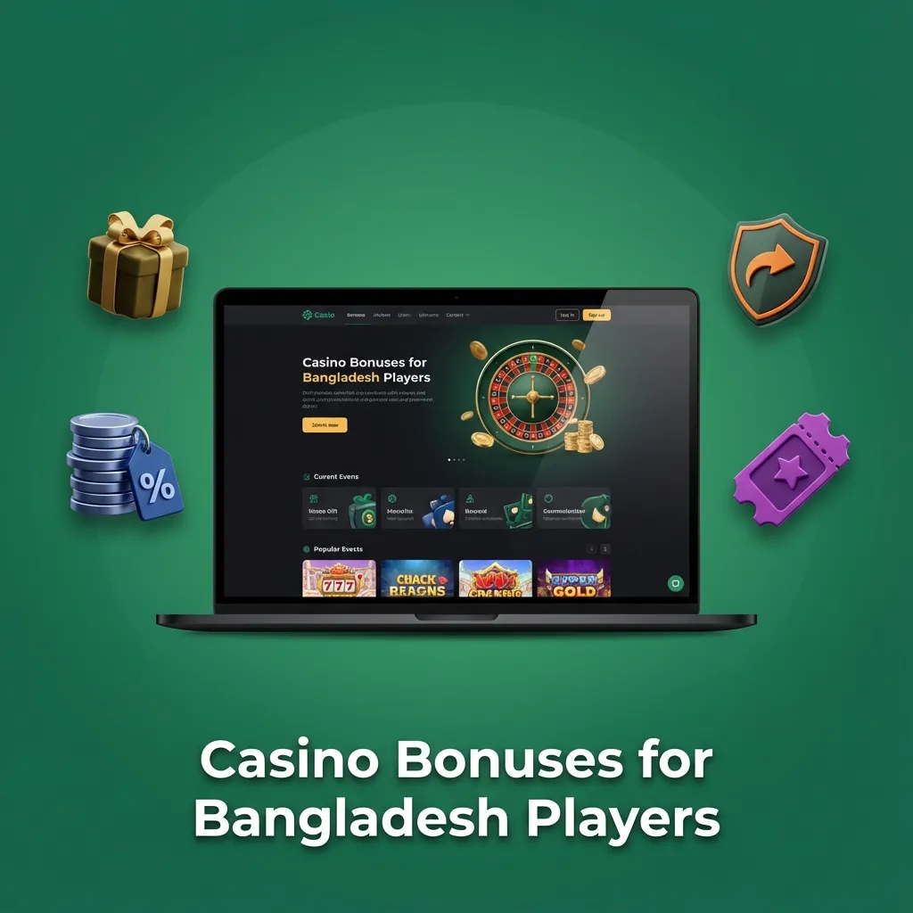 Banner showing casino chips, Bangladeshi taka, and icons for bonuses, reloads, free spins, and live casino cashback.