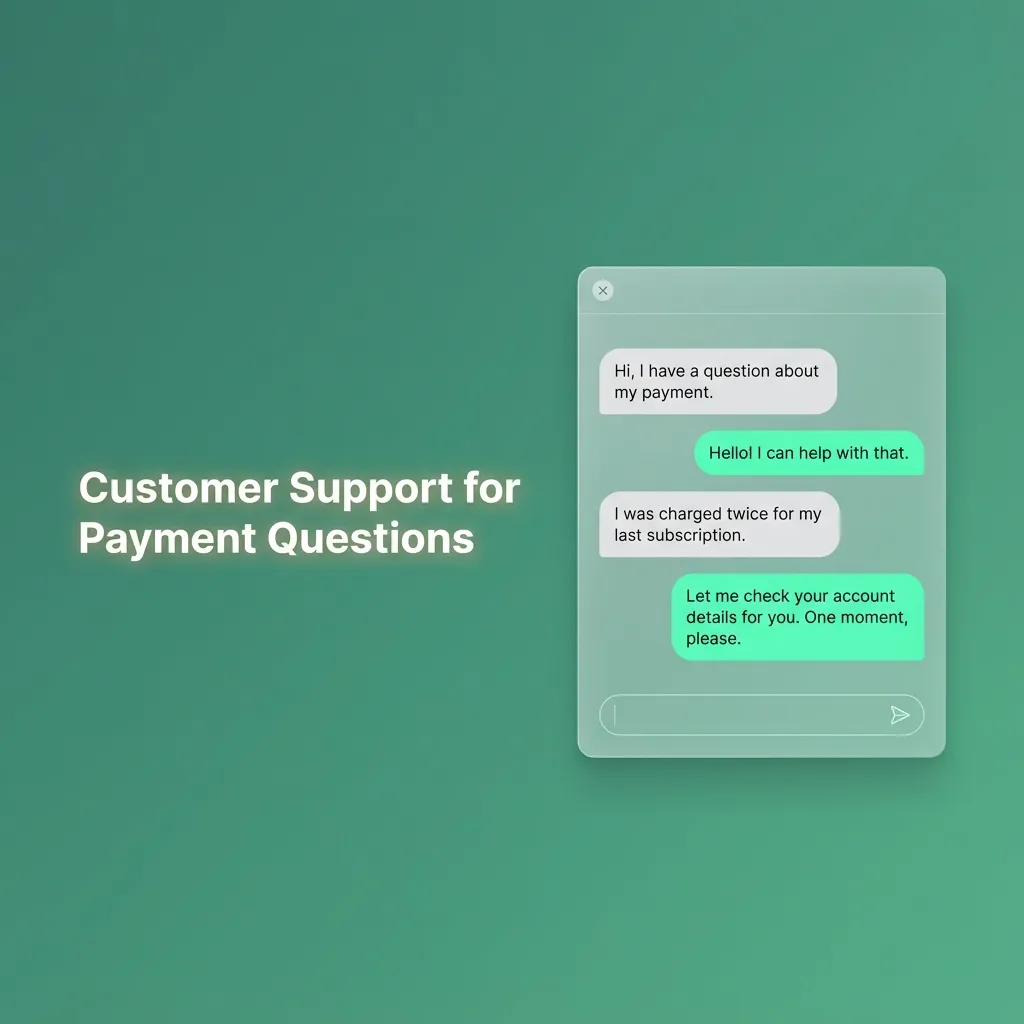 Illustration of customer support channels for payment issues: live chat, email, phone helpline, and messaging apps