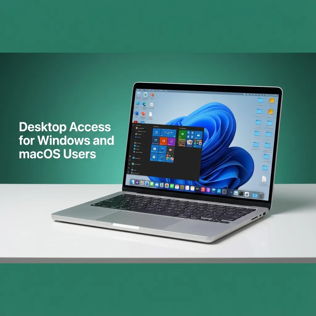 Illustration of a laptop showing a betting website in a browser, highlighting desktop access without a separate PC client