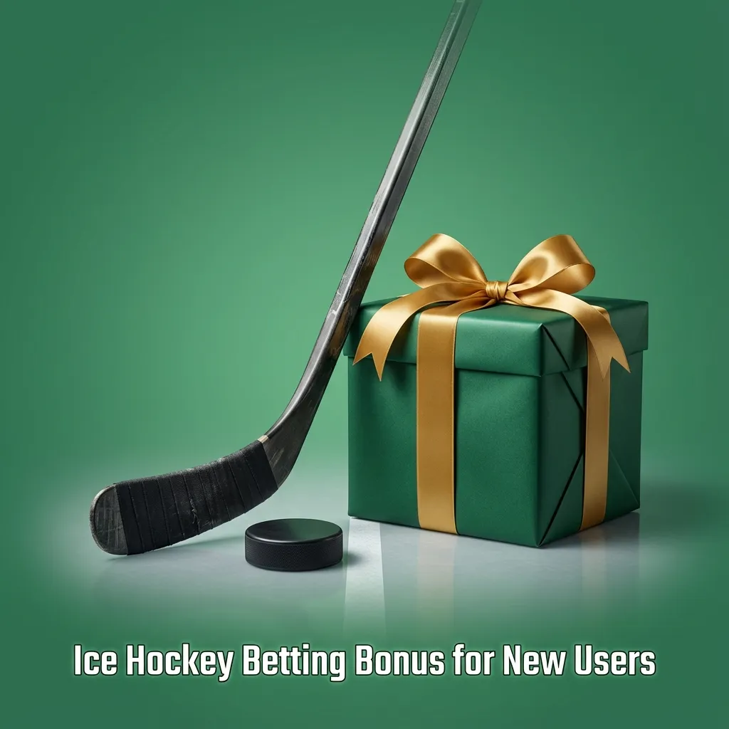 Promotional banner: “Ice Hockey Betting Bonus for New Users” with hockey rink, puck, and highlighted welcome offer text