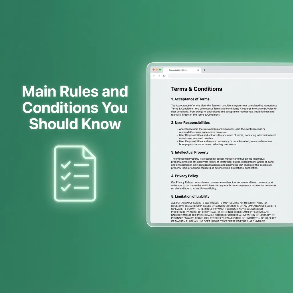 Graphic titled “Main Rules and Conditions You Should Know” listing age, account, bonus, and fraud rules for betting site users.