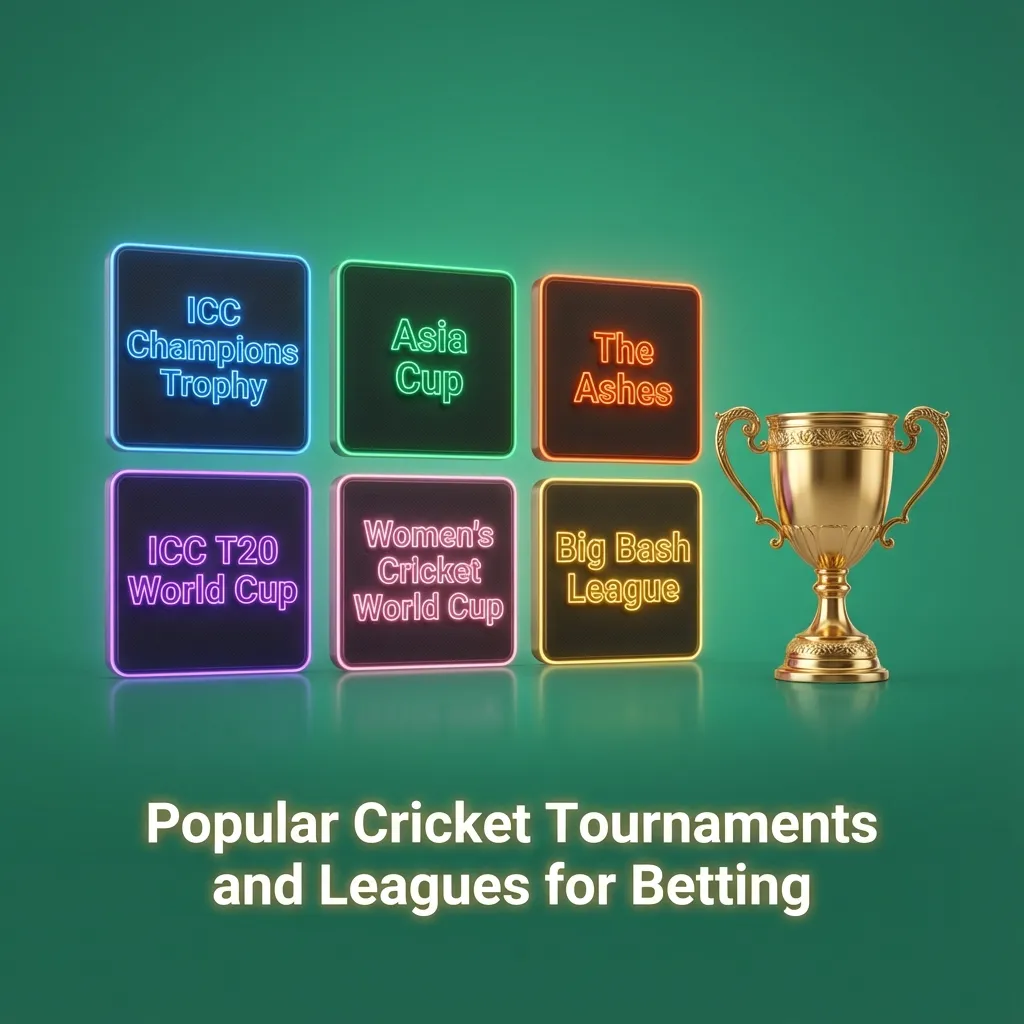 Cricket betting graphic showing ICC World Cup, T20 World Cup, Ashes, and BPL tournaments with odds and match icons