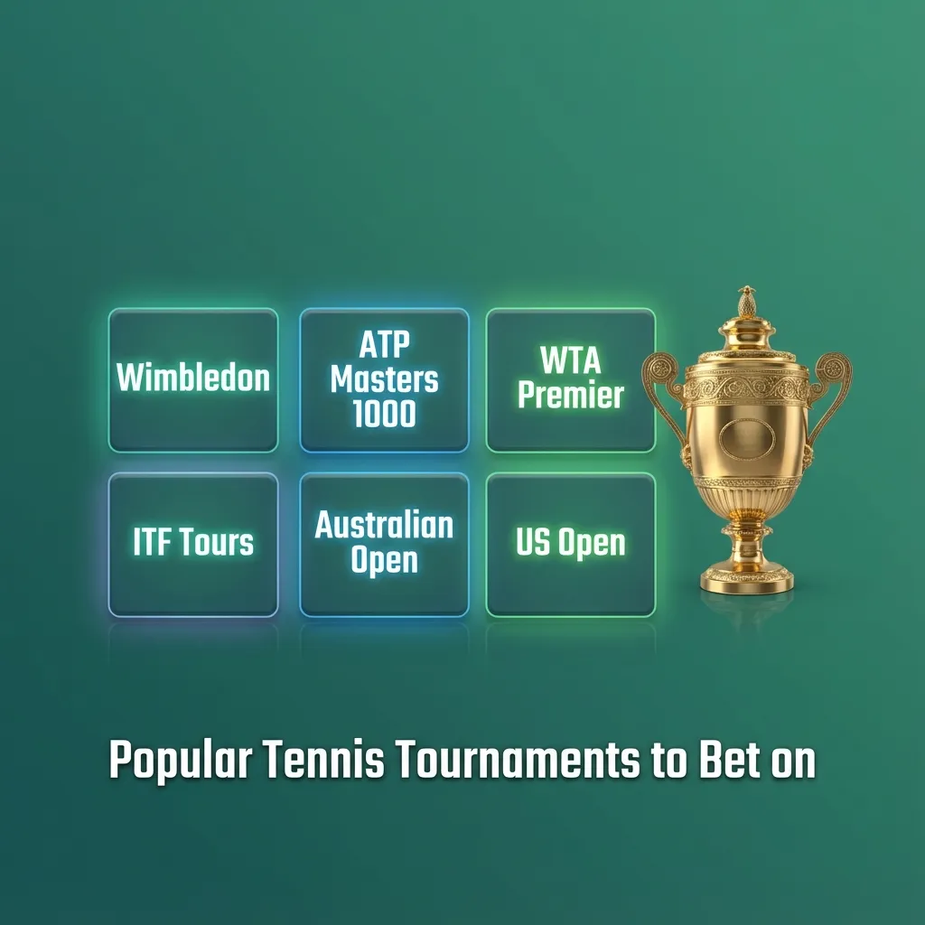 Graphic listing popular tennis tournaments to bet on, from Grand Slams to ATP, WTA, team, and lower-tier events