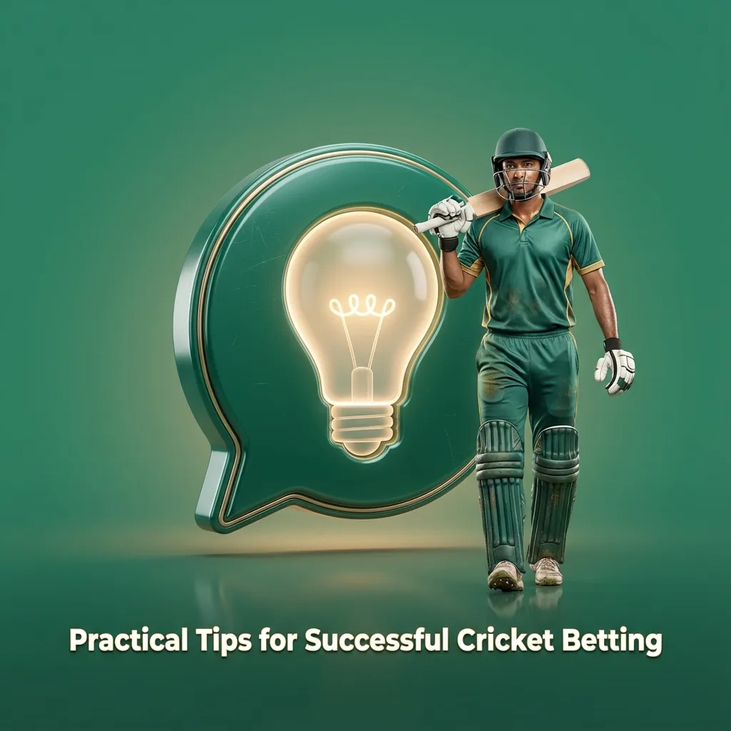 Illustrated guide to cricket betting tips on Krikya, showing match stats, pitch icons, bankroll chart and live odds interface