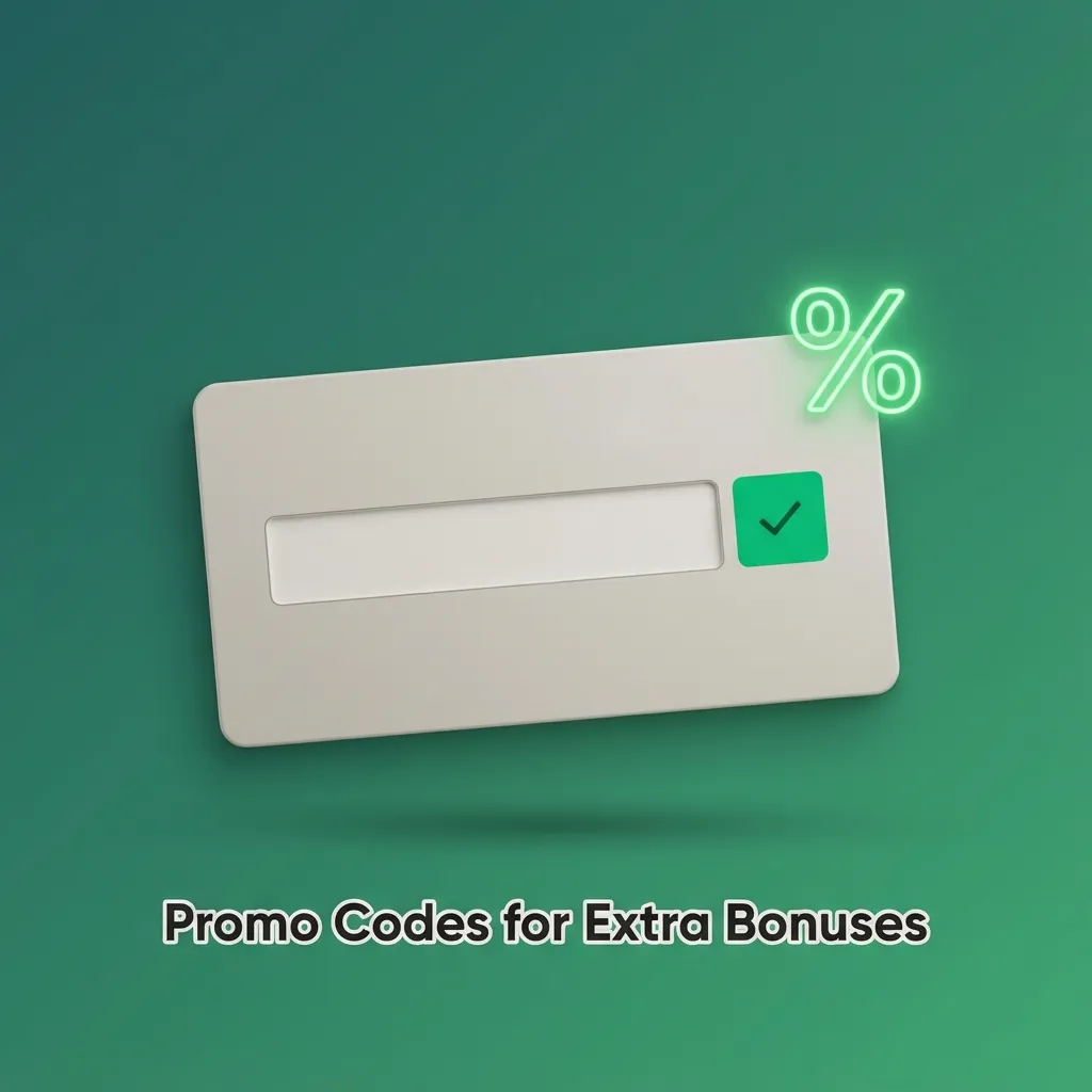 Illustration of a promo code box on a deposit page showing bonus offers like extra spins and sports bonus.