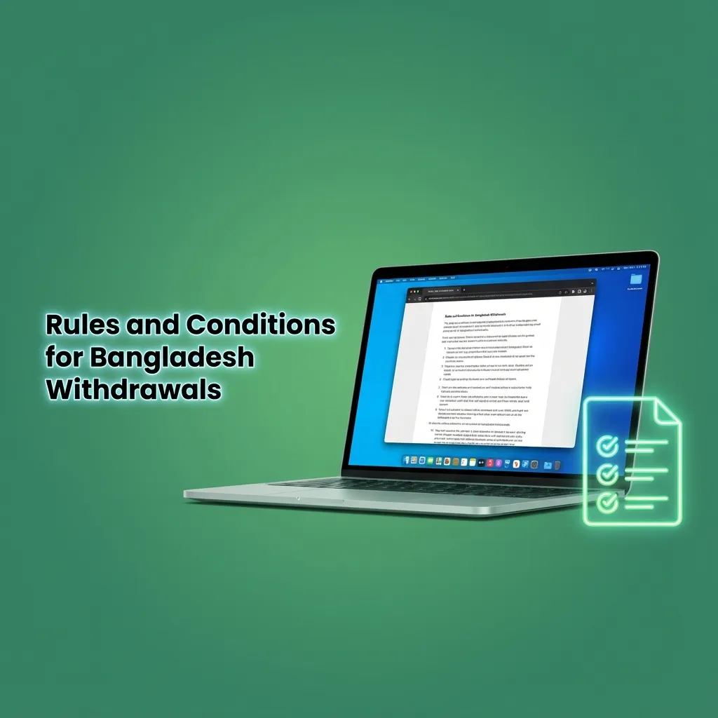 Infographic of Bangladesh withdrawal rules: ID verification, same payment method, bonus playthrough, one account, correct BDT details