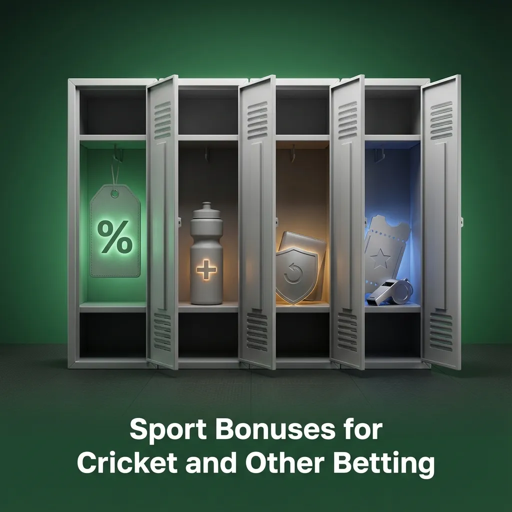 Colorful banner showing cricket and football betting icons with text about deposit bonuses, free bets and acca boosts