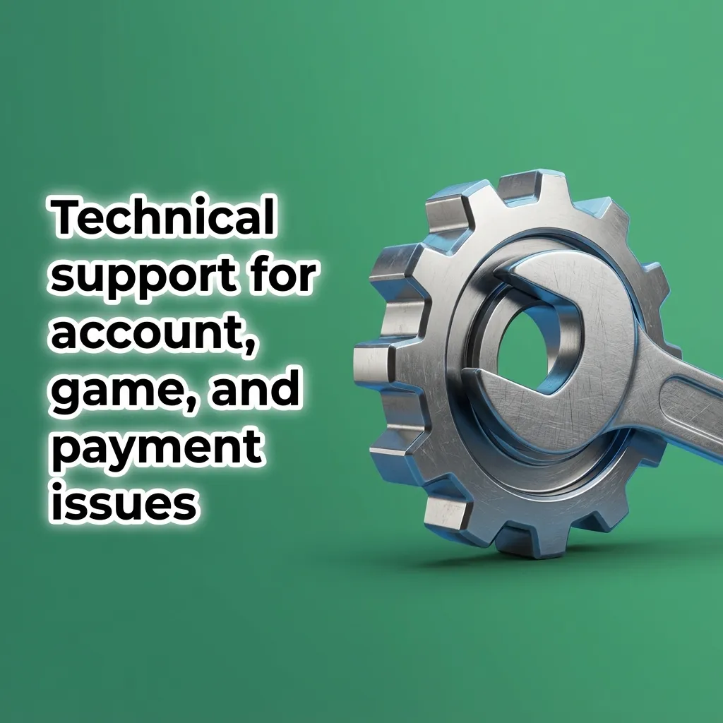 Illustration of technical support agents assisting users with login, game, and payment issues via chat, email, and phone