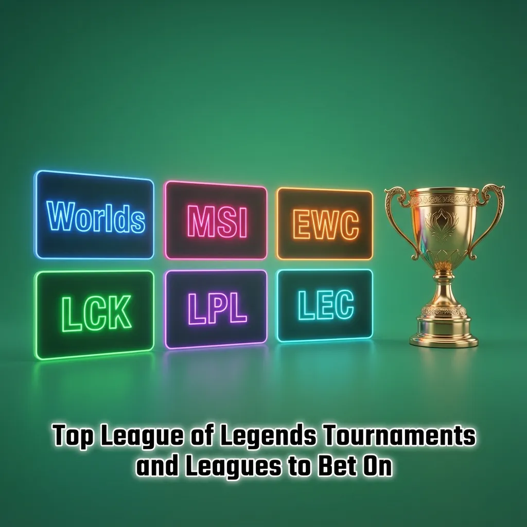 Collage of League of Legends esports scenes with Worlds, MSI, LCK, LPL, and LEC logos, highlighting top tournaments.