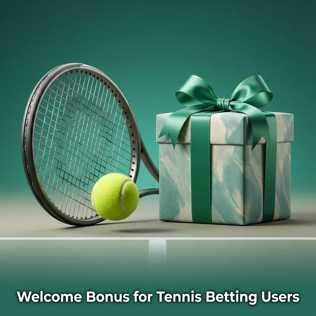 Banner promoting tennis betting welcome bonus, showing tennis ball, court, and signup-deposit offer details