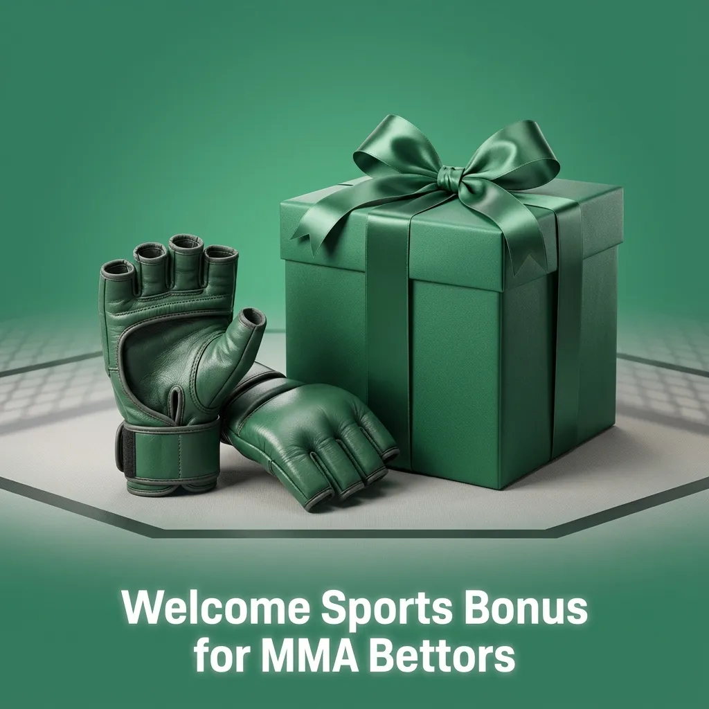 Banner promoting welcome sports bonus for new MMA bettors with terms like wagering, minimum odds, and promo period.