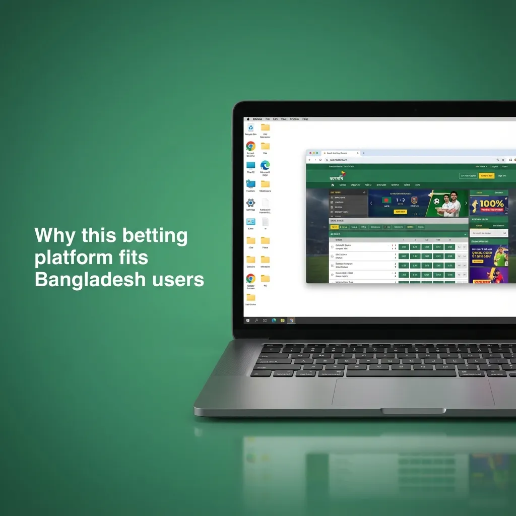 Bangladeshi user betting on sports via mobile and desktop, showing local payments, Bengali language, and security icons
