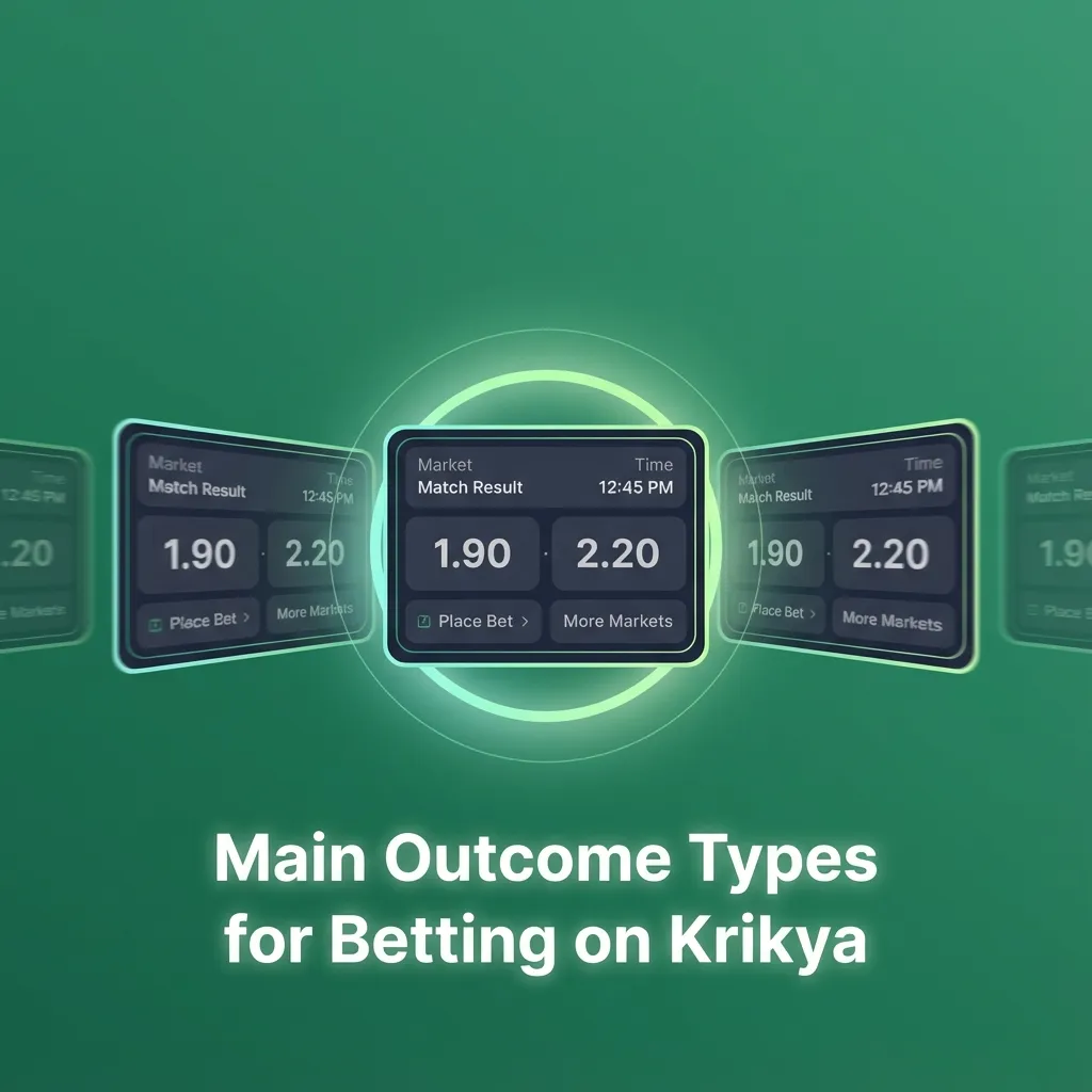 Infographic illustrating main betting outcome types on Krikya: match result, totals, handicaps, BTTS, and player specials