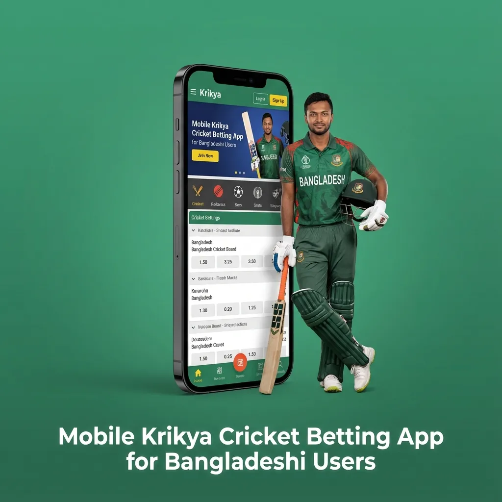 Smartphone showing Krikya cricket betting app interface with live odds, match list, and bet slip for Bangladeshi users