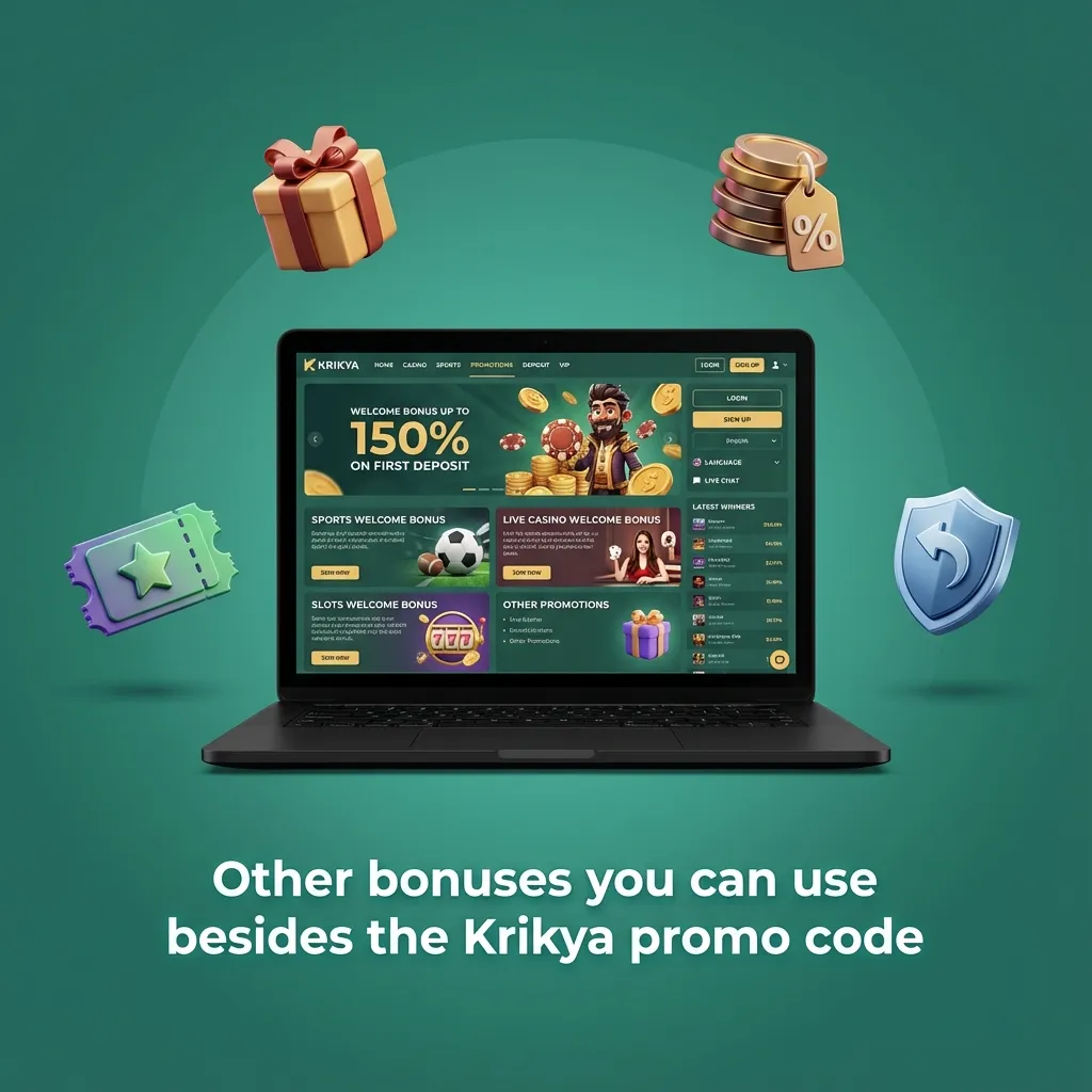 Graphic listing Krikya bonuses: reload deposit boosts, sports cashback, casino free spins, VIP rewards, and event promo codes.