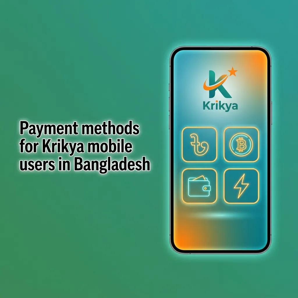 Illustration of Krikya mobile app showing Bangladeshi Taka payment options like bKash, Nagad, Rocket, cards and bank transfer