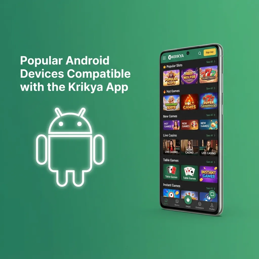 Krikya app on a smartphone with icons of popular Android models like Xiaomi, Realme, Samsung, Infinix, Oppo, and Vivo