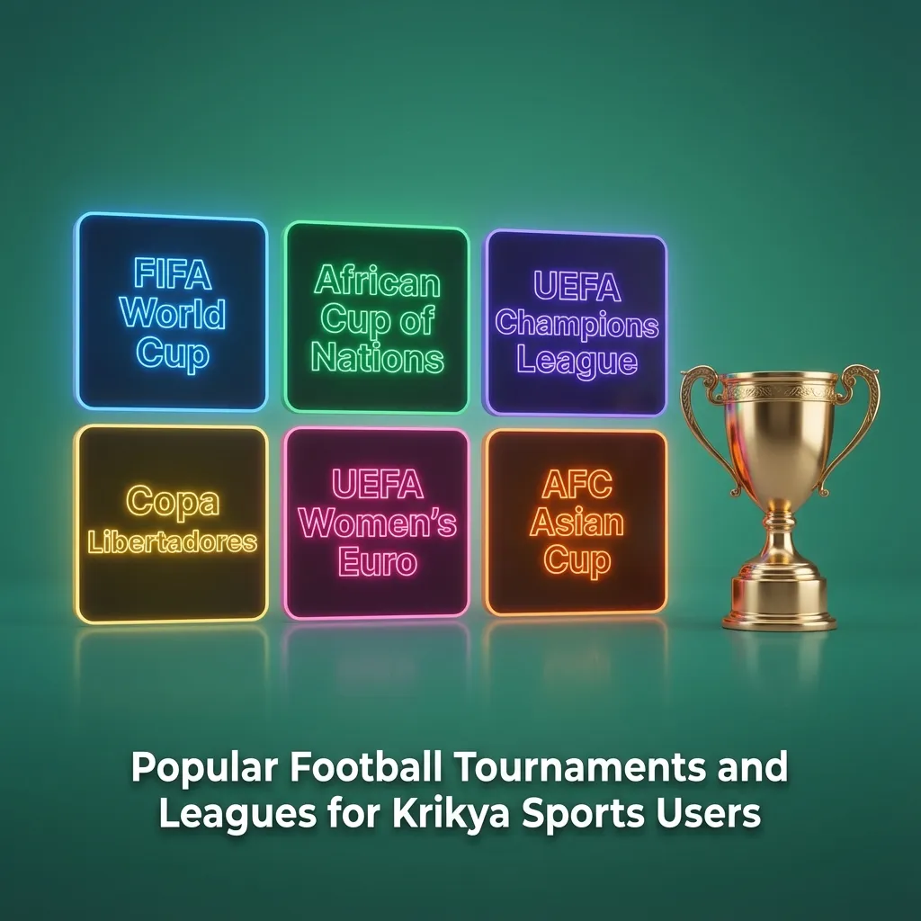 Graphic showing global and Asian football tournaments and leagues available for Krikya sports betting users.