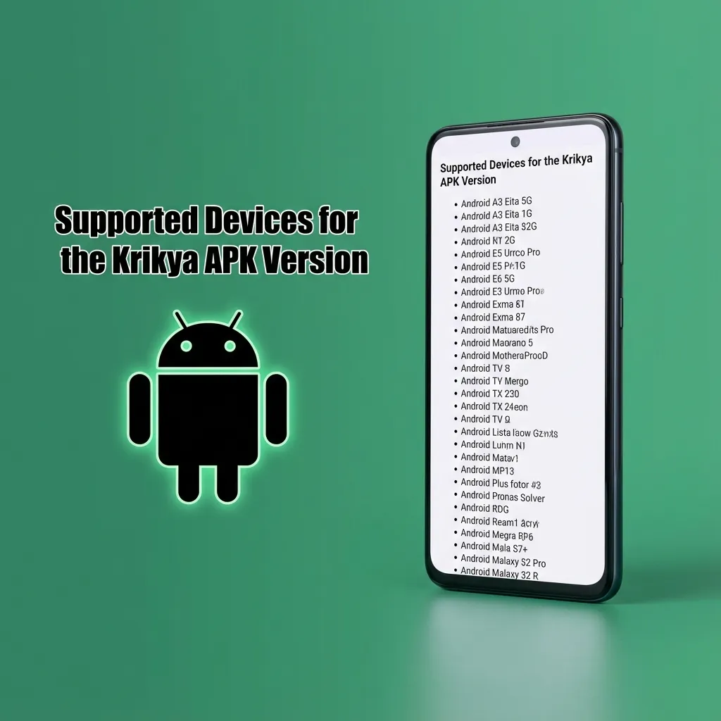 Table of supported Android phones for Krikya APK, listing Samsung, Sony, Huawei, OnePlus, Oppo, Google, Xiaomi, Poco.