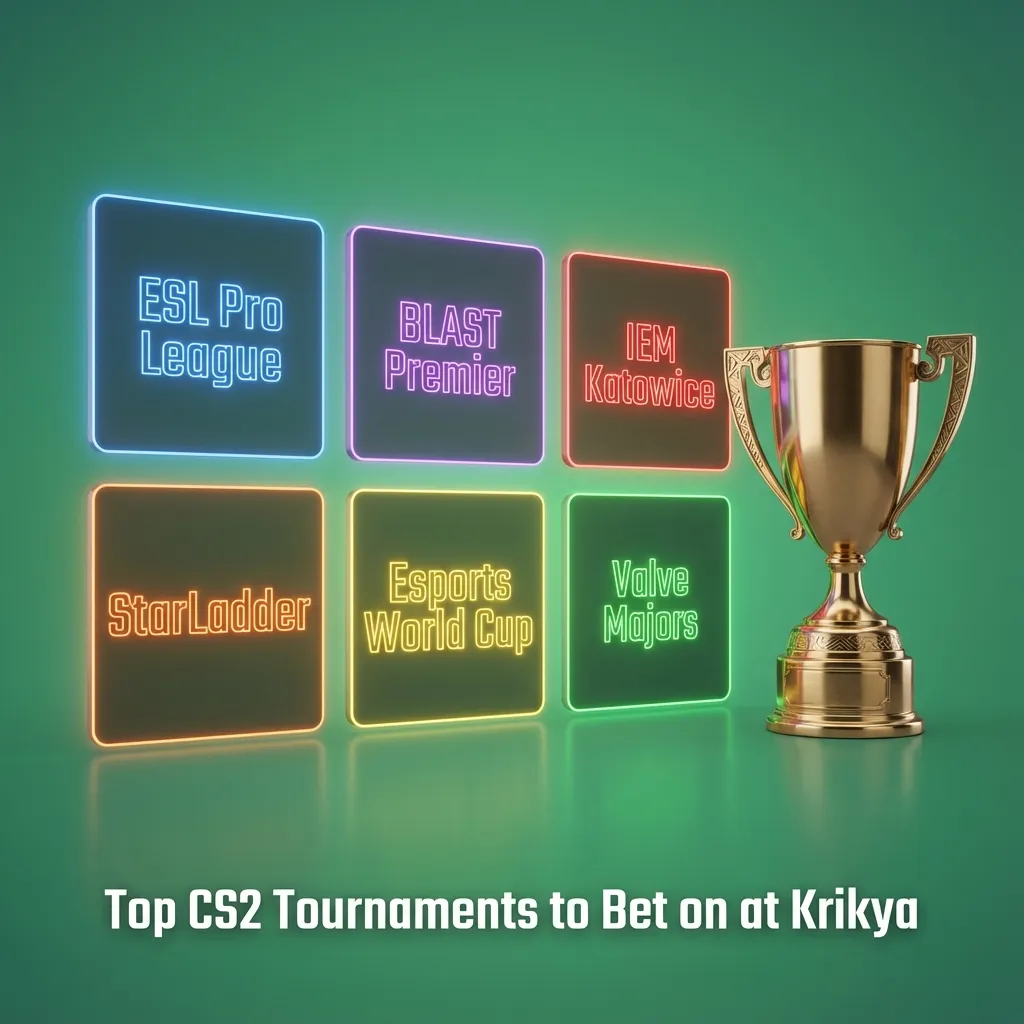 Graphic showing CS2 esports players and logos of ESL Pro League, BLAST Premier, IEM, Majors, and Esports World Cup at Krikya