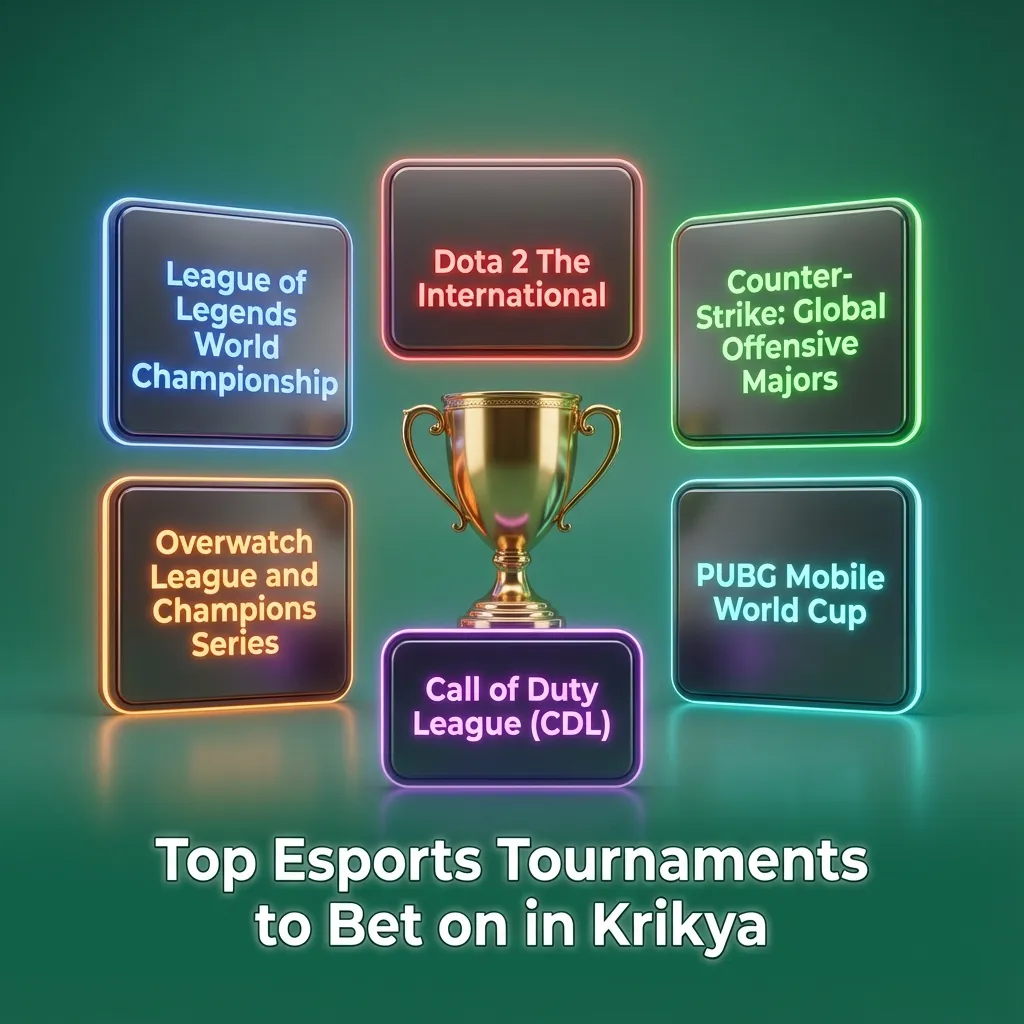 Infographic listing top global esports tournaments per game for betting on Krikya, including Dota 2, CS2, LoL, Valorant