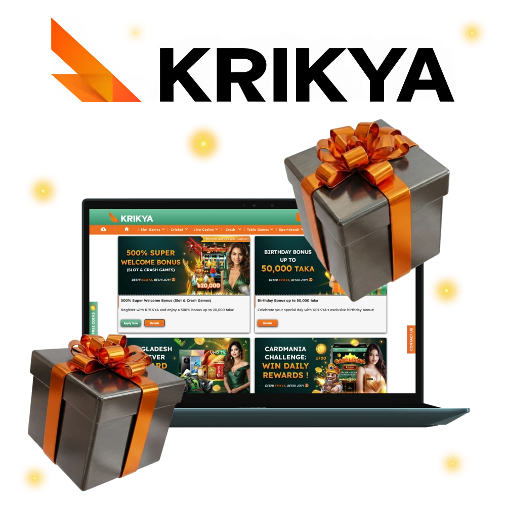 The Krikya welcome bonus in Bangladesh boosts your starting bankroll.