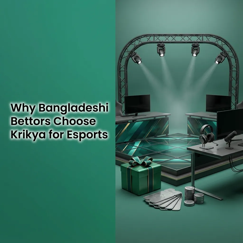 Graphic promoting Krikya esports betting for Bangladesh with mobile app, BDT payments, bonuses, and 24/7 support