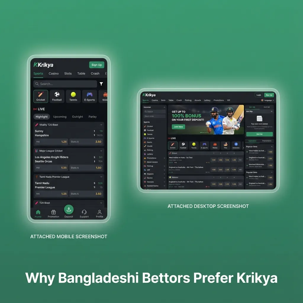 Infographic titled “Why Bangladeshi Bettors Prefer Krikya” highlighting local payments, cricket/football markets, and mobile betting