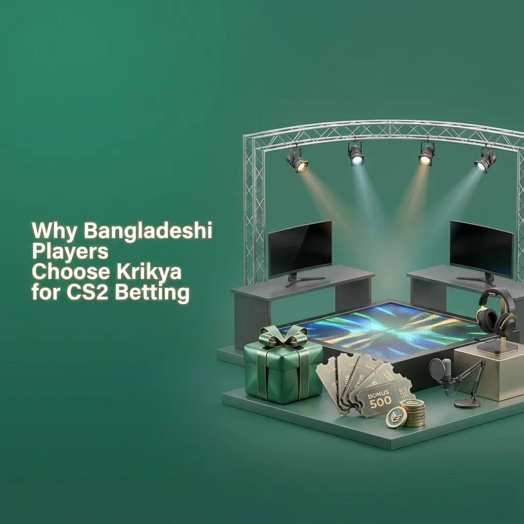 Graphic promoting Krikya CS2 betting for Bangladeshi players, highlighting bonuses, BDT payments, support, app and high odds