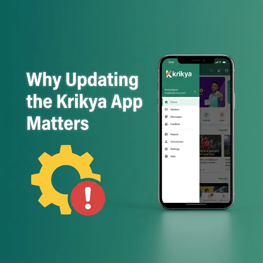 Illustration of a user updating the Krikya betting app, highlighting faster performance, improved security, and smoother cashouts