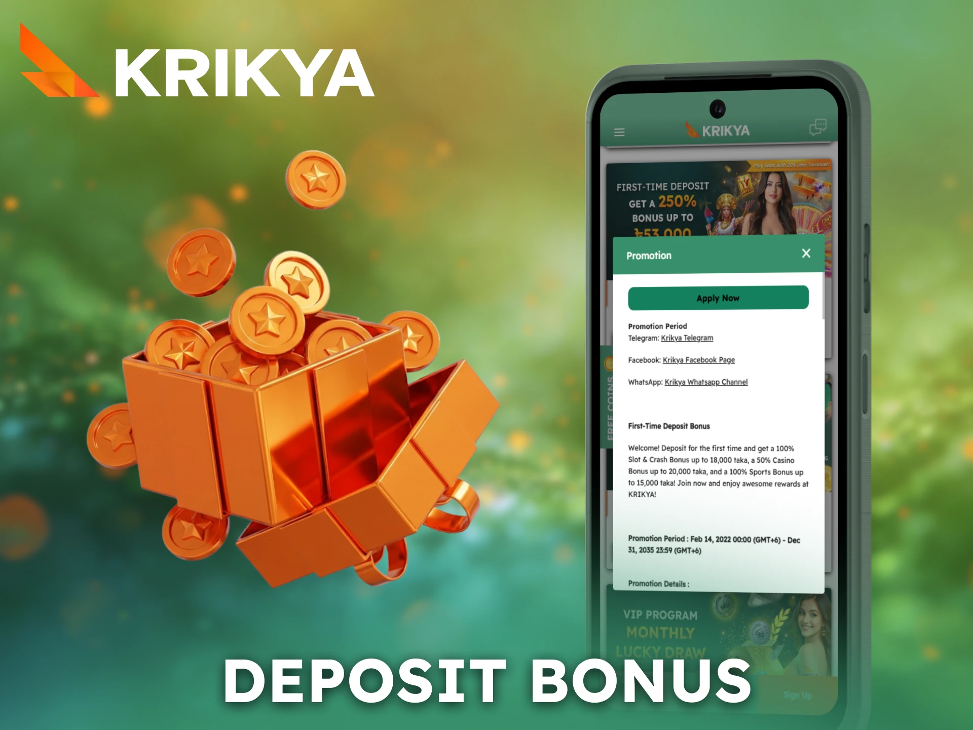 Activate a deposit bonus to boost your Krikya Android App balance.