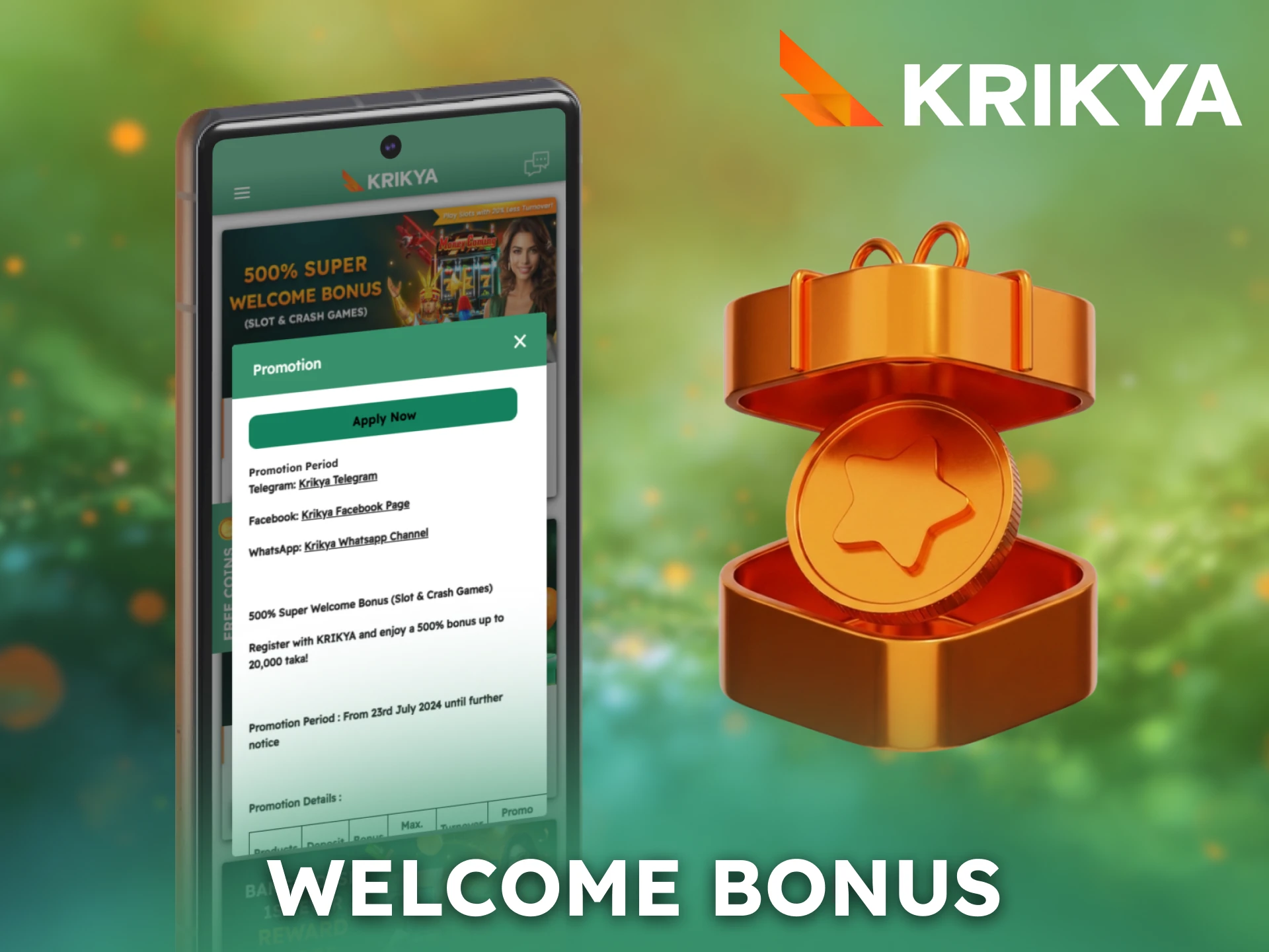 Claim a welcome bonus after registering in the Krikya Android App.