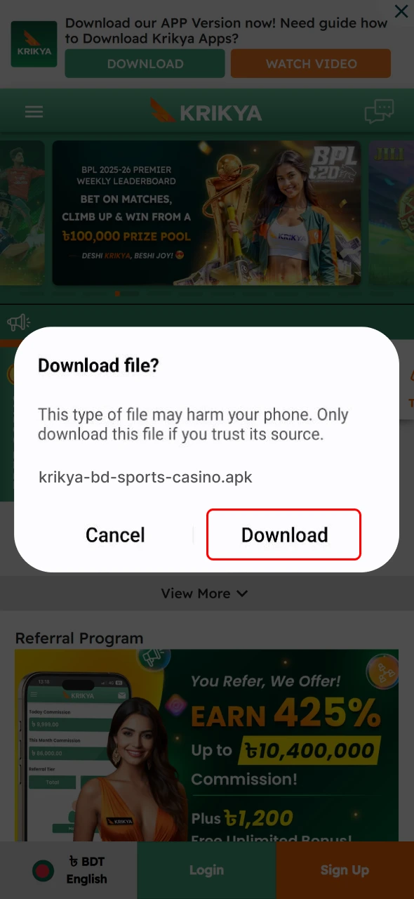Confirm the Android file download pop up to continue Krikya App setup.