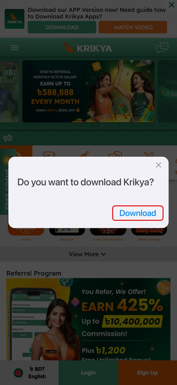 Confirm the iOS installation source in Safari for the Krikya App.