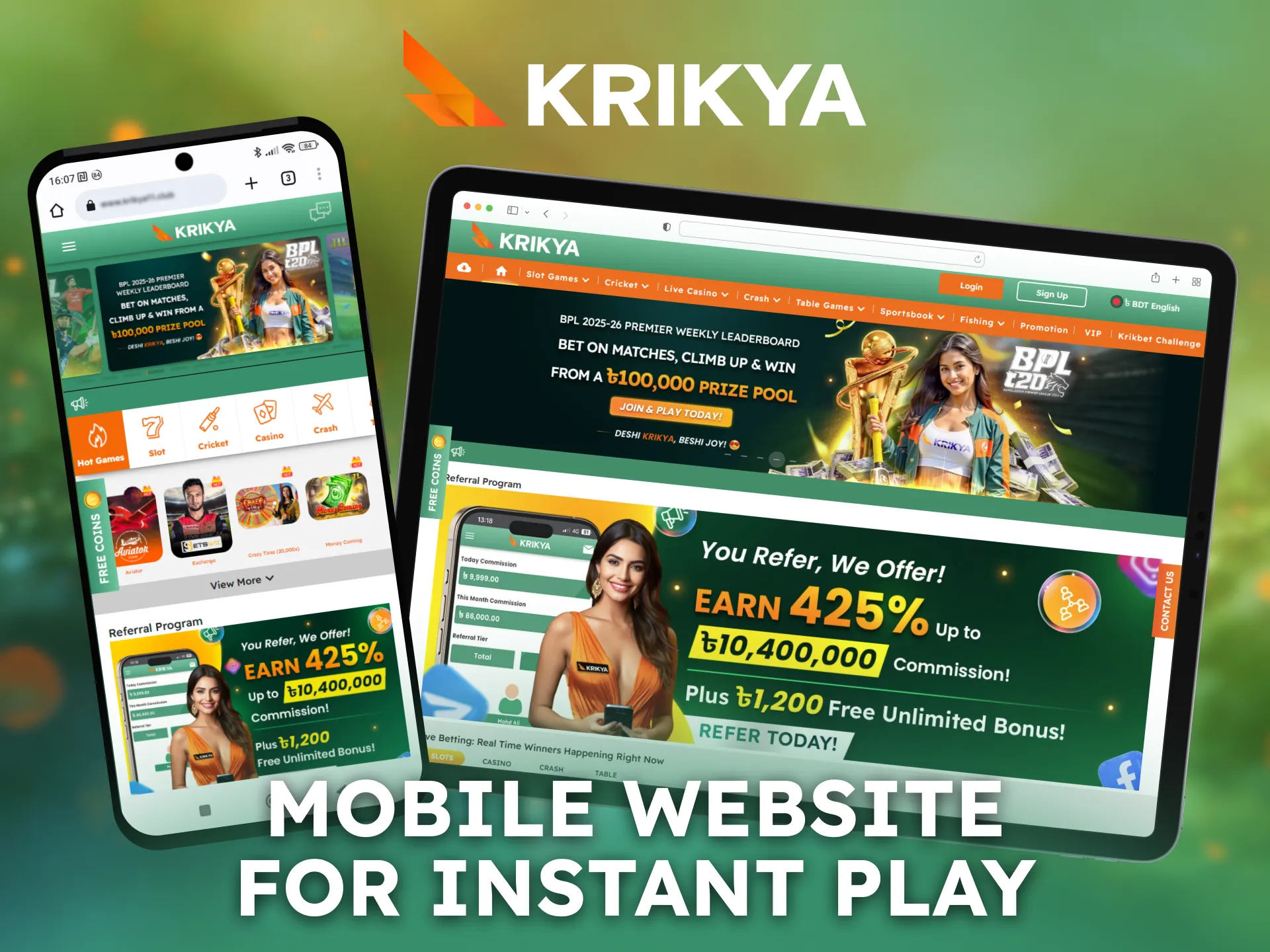 Use the Krikya mobile website for instant App style play.