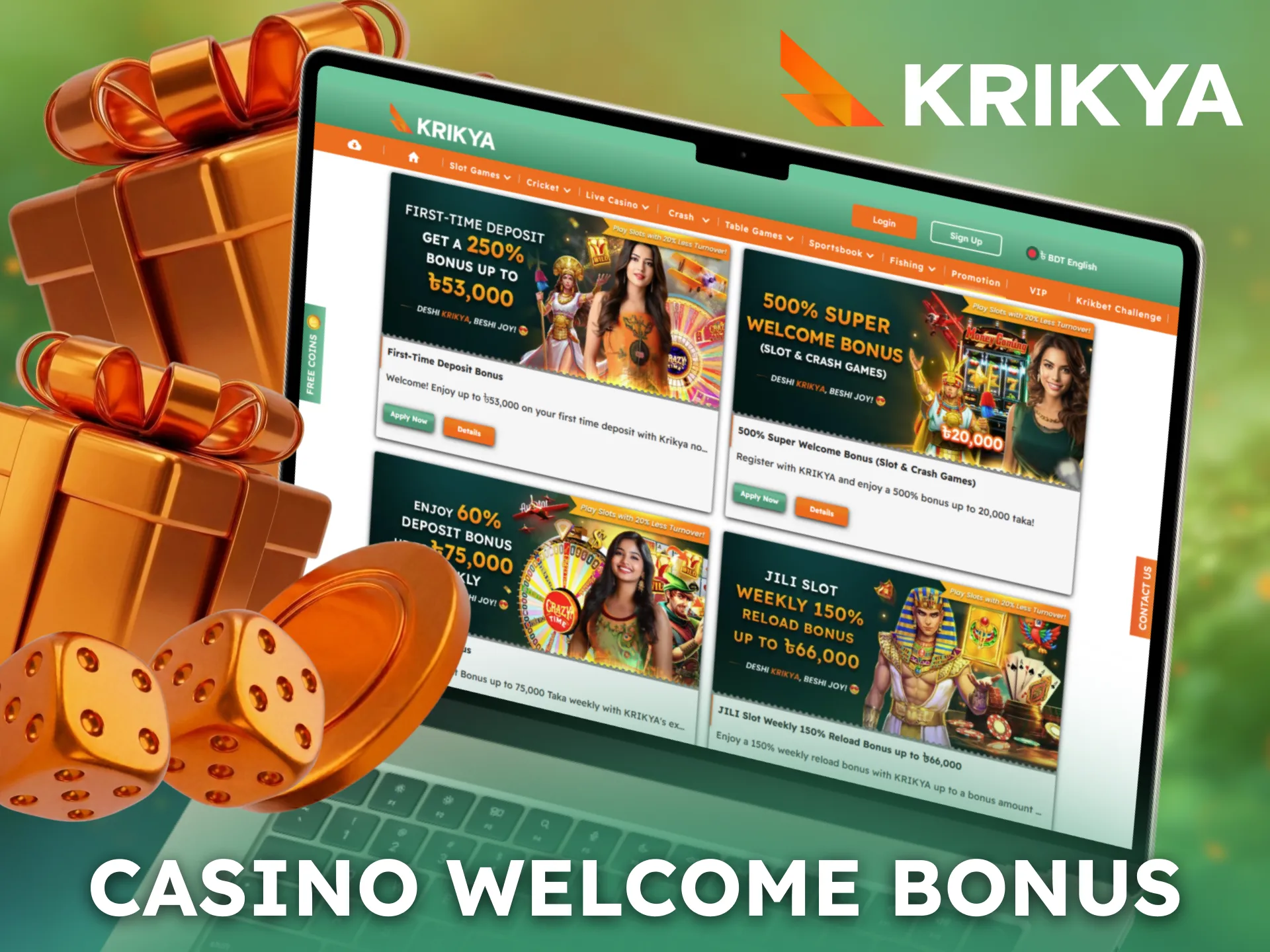 Activate a Krikya casino welcome bonus to start playing casino games.