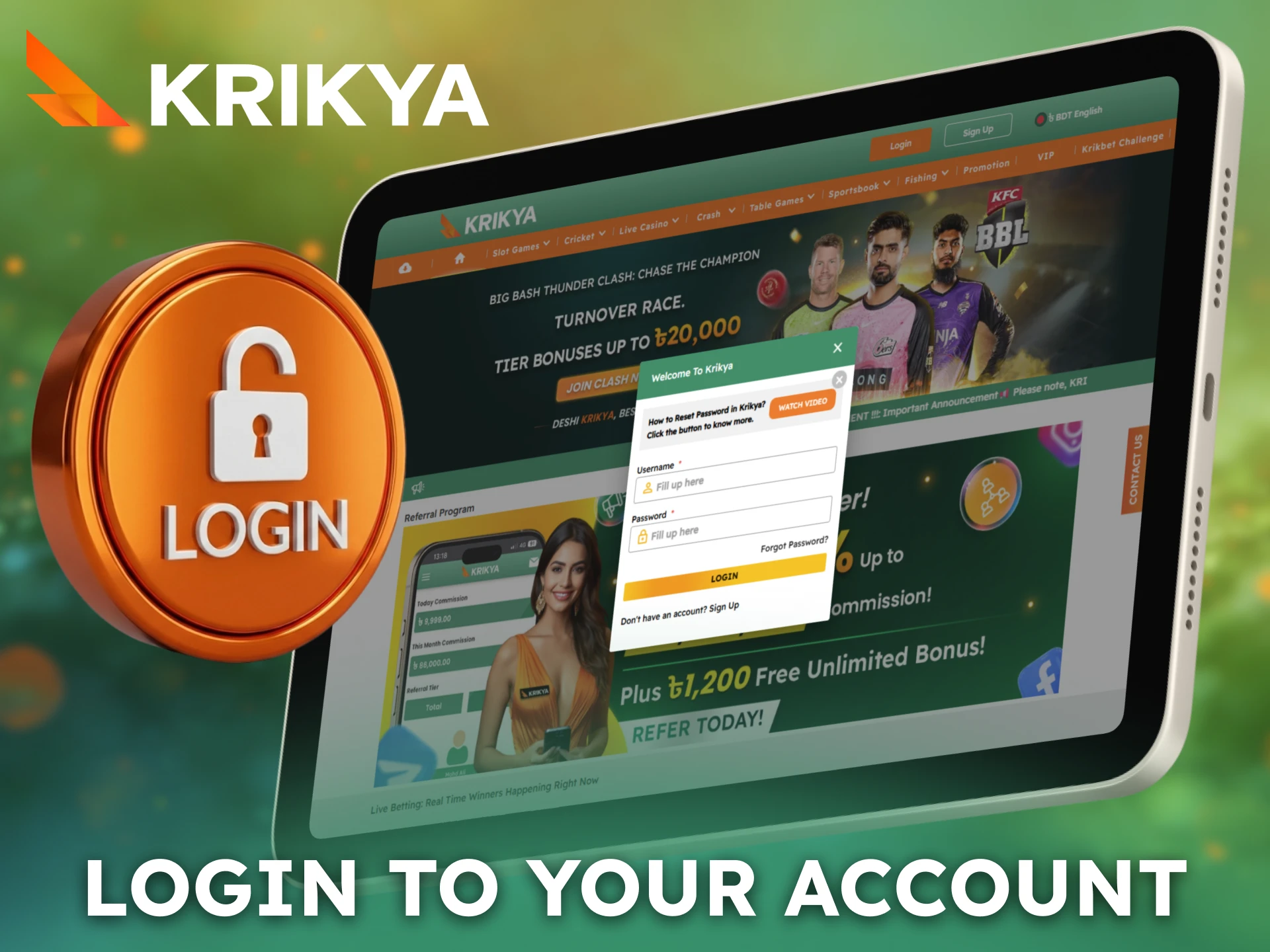 Log in to your Krikya account and start betting instantly.