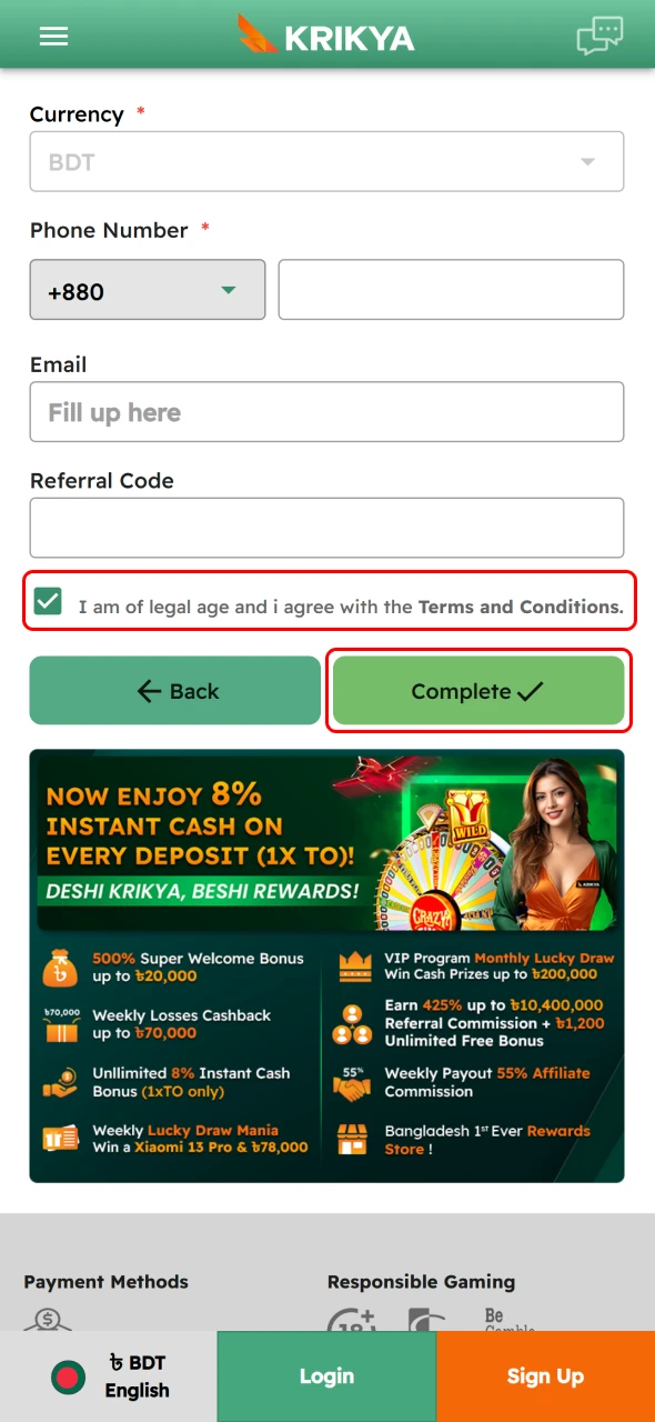 Complete app sign up and start using your Krikya account.